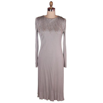 Vintage Silver Silk Jersey Knit Dress Deco Rhinestone Yoke Traina 1970s 36-33-41 - The Best Vintage Clothing
 - 1