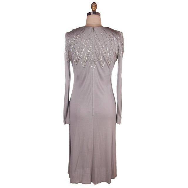 Traina VTG Silk Jersey Knit Dress Deco Rhinestone Yoke Gray/Green 1970s 36-33-41 Women's Traina