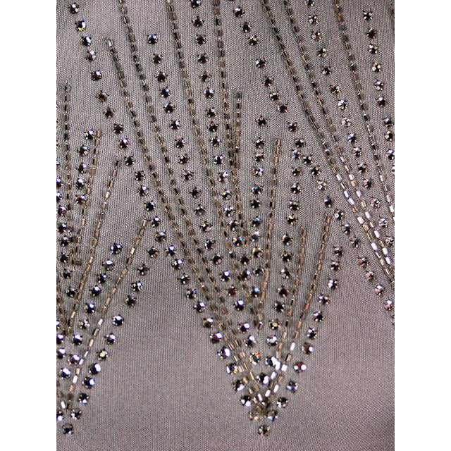 Traina VTG Silk Jersey Knit Dress Deco Rhinestone Yoke Gray/Green 1970s 36-33-41 Women's Traina