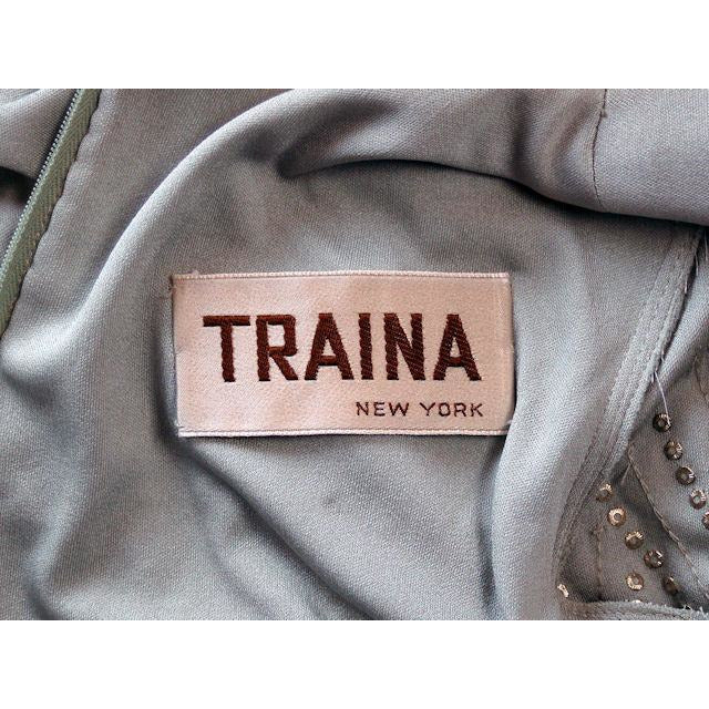 Traina VTG Silk Jersey Knit Dress Deco Rhinestone Yoke Gray/Green 1970s 36-33-41 Women's Traina