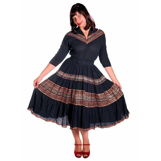 Vintage 1950s Patio Dress Black w Copper & Turquoise Embellishment 40-30-Free Women's The Best Vintage Clothing