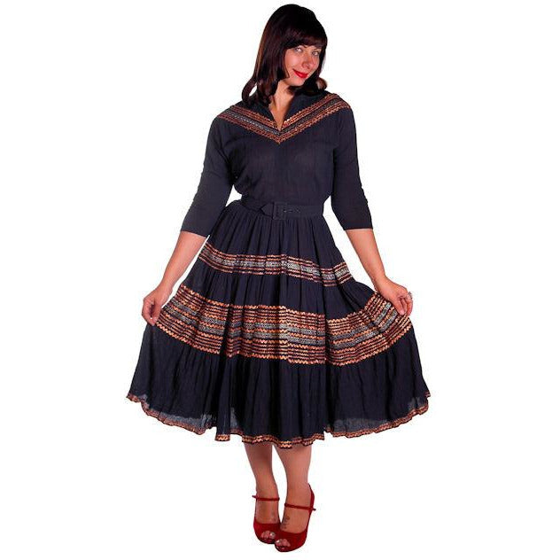 Vintage 1950s Patio Dress Black w Copper & Turquoise Embellishment 40-30-Free Women's The Best Vintage Clothing