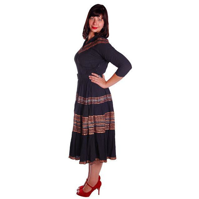 Vintage 1950s Patio Dress Black w Copper & Turquoise Embellishment 40-30-Free Women's The Best Vintage Clothing