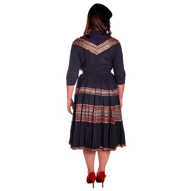 Vintage 1950s Patio Dress Black w Copper & Turquoise Embellishment 40-30-Free Women's The Best Vintage Clothing