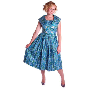 Vintage Sun Dress Polished Cotton Blue/Green Print 1950s M 35-26-Free Cart2cart The Best Vintage Clothing