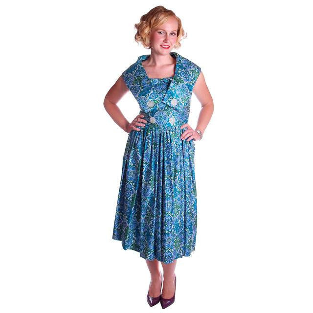 Vintage Sun Dress Polished Cotton Blue/Green Print 1950s M 35-26-Free Cart2cart The Best Vintage Clothing