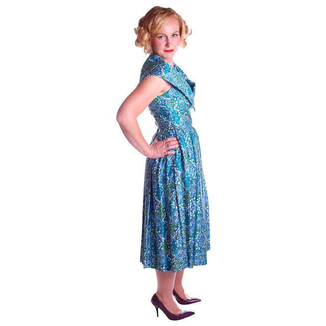 Vintage Sun Dress Polished Cotton Blue/Green Print 1950s M 35-26-Free Cart2cart The Best Vintage Clothing