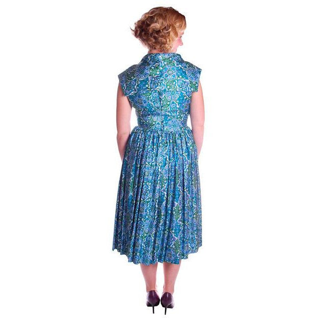 Vintage Sun Dress Polished Cotton Blue/Green Print 1950s M 35-26-Free Cart2cart The Best Vintage Clothing