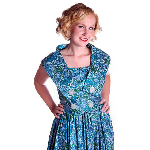 Vintage Sun Dress Polished Cotton Blue/Green Print 1950s M 35-26-Free Cart2cart The Best Vintage Clothing