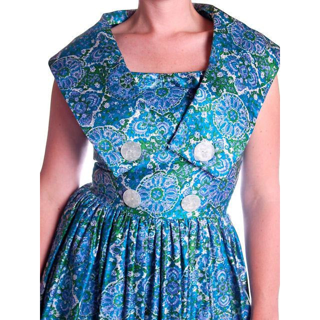 Vintage Sun Dress Polished Cotton Blue/Green Print 1950s M 35-26-Free Cart2cart The Best Vintage Clothing