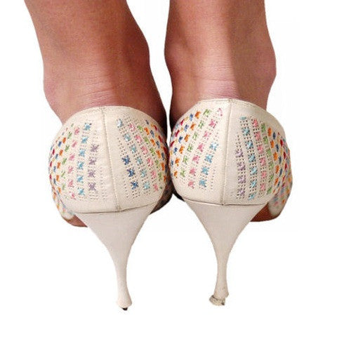 Vintage White Leather Stiletto Heels Embroidered Unique 1950S Womens 7.5 Shoes The Best Vintage Clothing