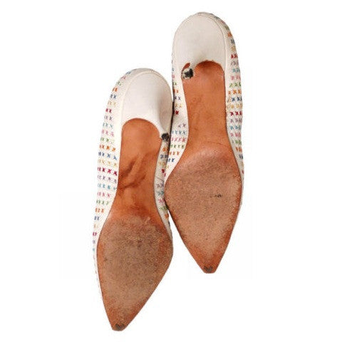 Vintage White Leather Stiletto Heels Embroidered Unique 1950S Womens 7.5 Shoes The Best Vintage Clothing