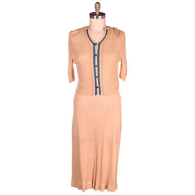 Vintage Womens Rayon Knit 2PC SUit 1930s Beige/Blue 45-34-42 Cart2cart The Best Vintage Clothing